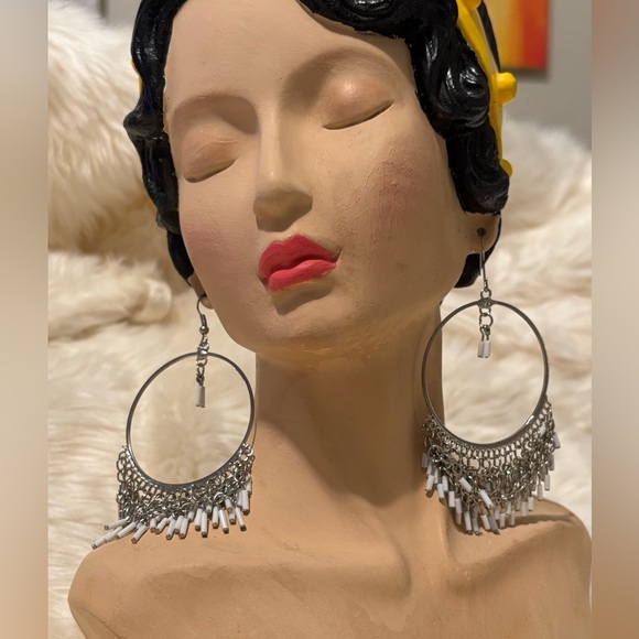 Large silver tone Hoop Earrings with hook backs. Chain dangle White Bead - Picture 2 of 10